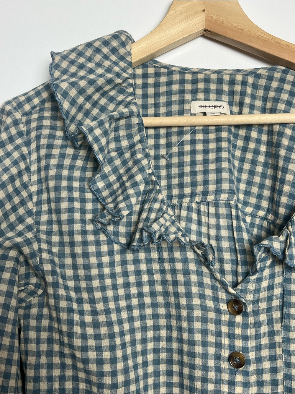 NWOT Pilcro Blue Gingham Button-Front Ruffle Collar Top - Picture 6 of 11